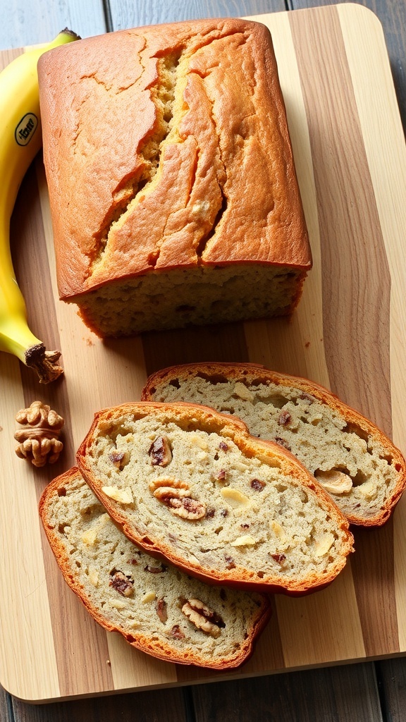 Easy Banana Bread Machine Recipe A loaf of golden brown banana bread on a cutting board with slices cut, surrounded by ripe bananas and walnuts.